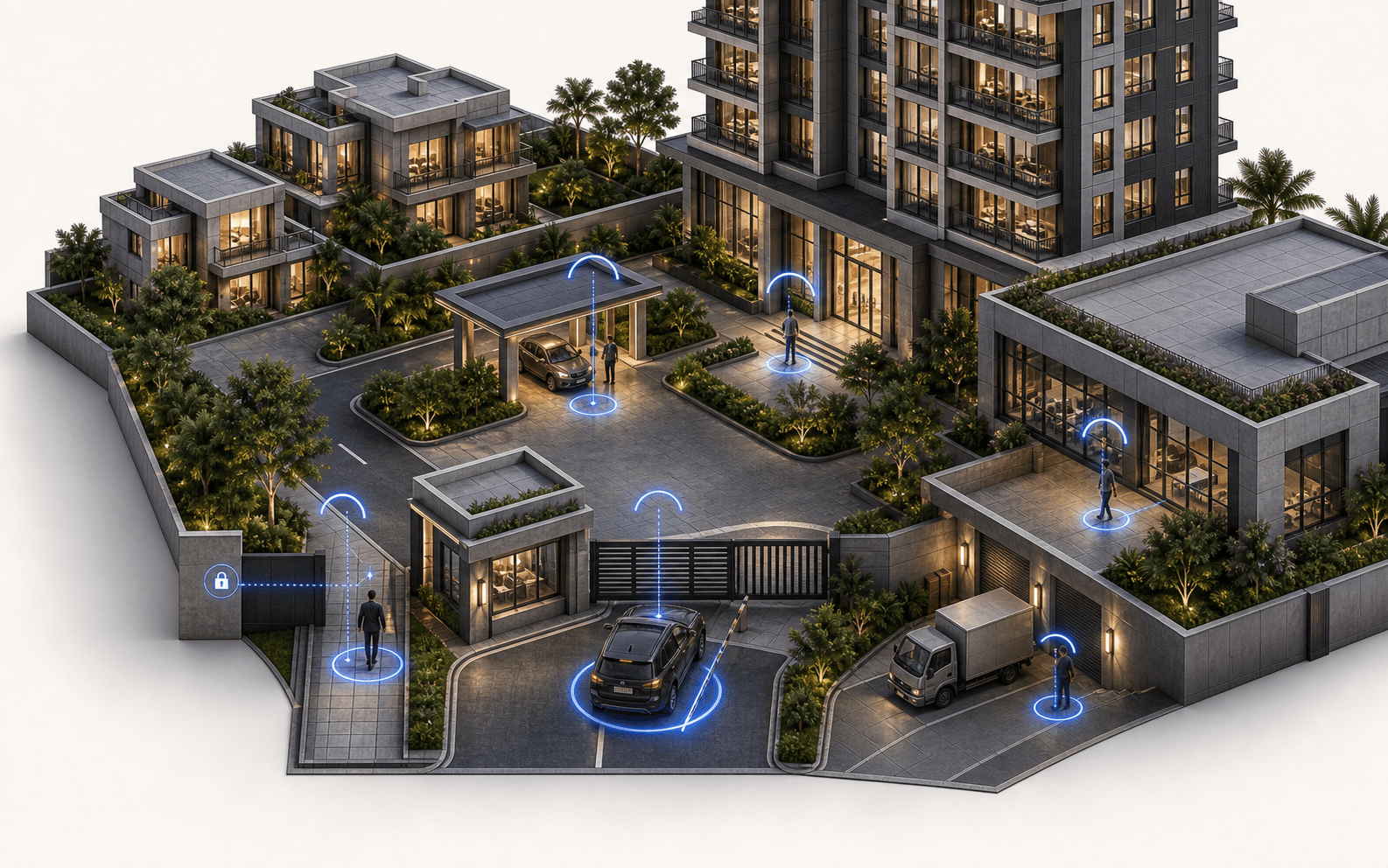 A residential and commercial property campus with controlled vehicle, pedestrian, lobby and service access.