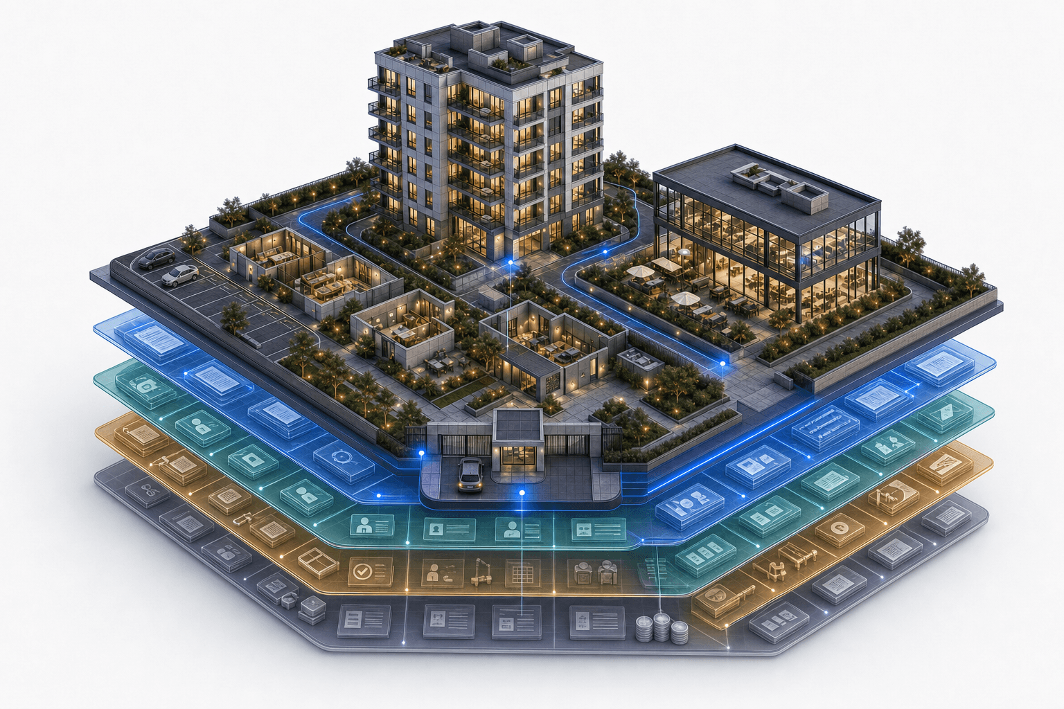 A mixed property with layered agreement, identity, service and financial evidence attached to its exact places.