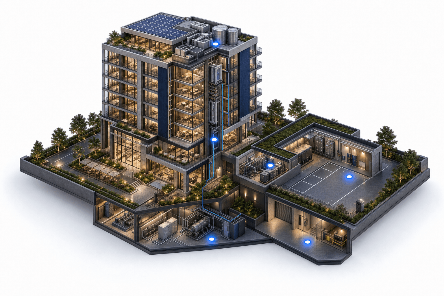 A building cutaway showing rooftop, lift, plant and shared-property assets connected through a maintenance system.