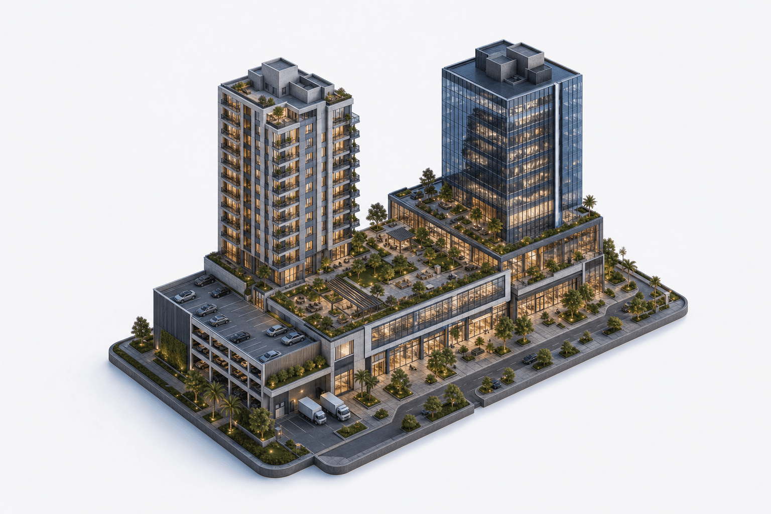 A vertical mixed-use property stack connecting residences, offices, shared spaces, parking and building systems.