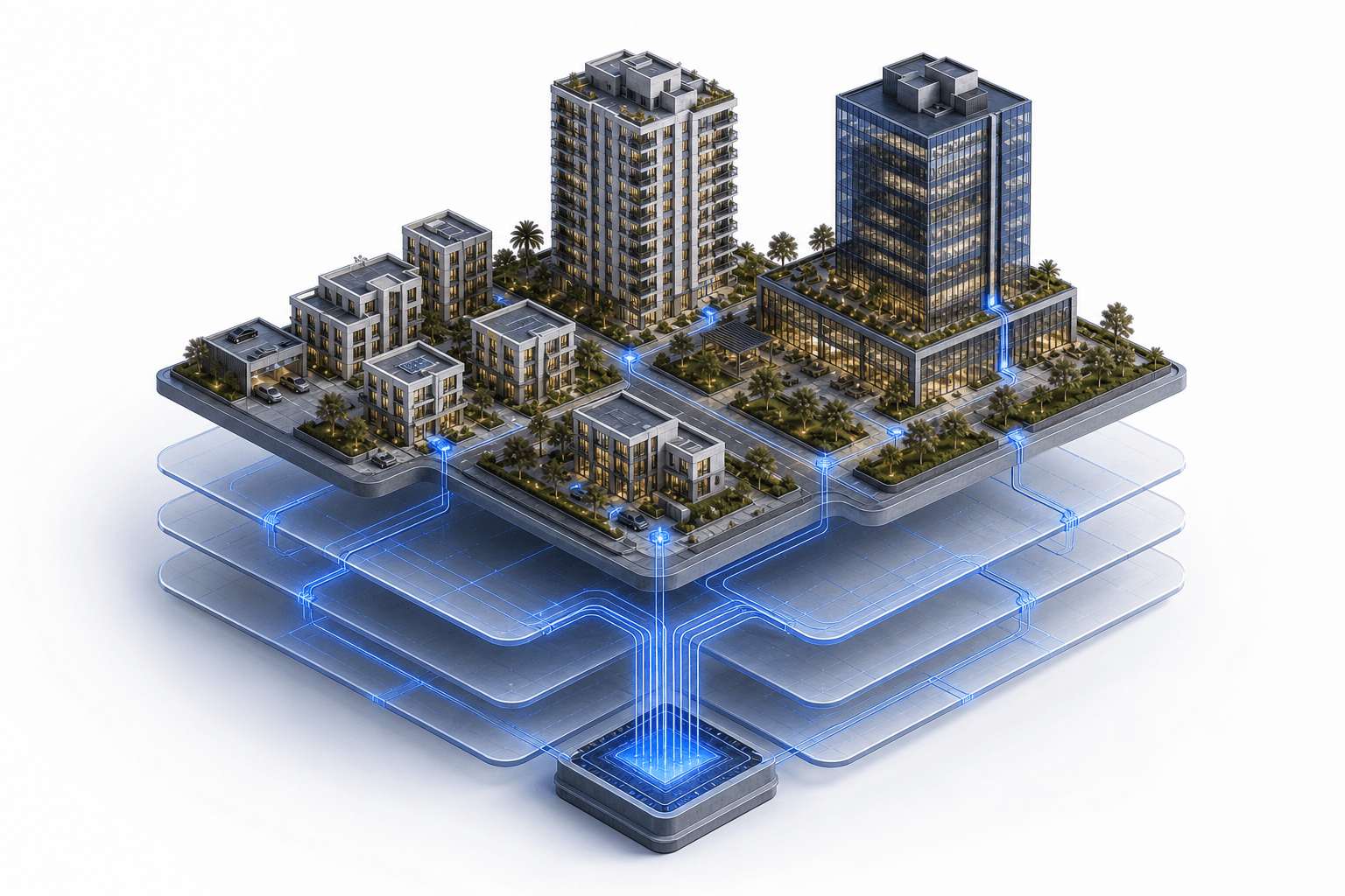 Residential and commercial properties connected to layered financial records and allocation paths.