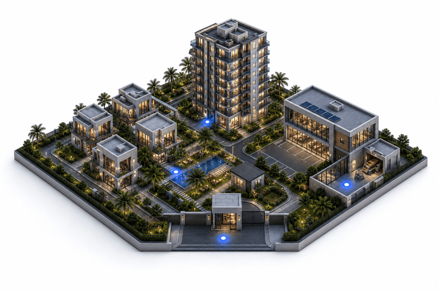 A connected residential and commercial property campus with distinct operational zones.