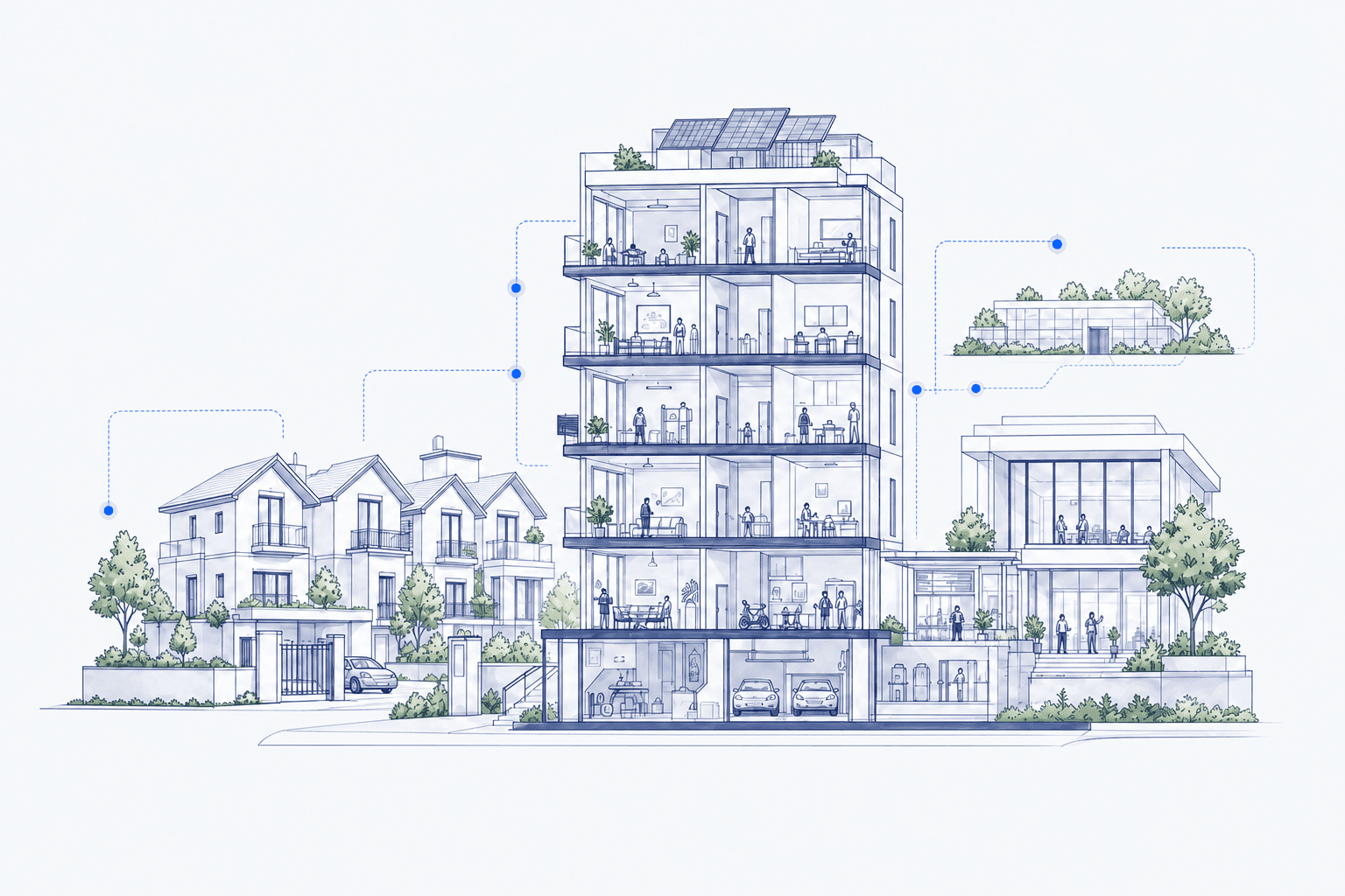 An architectural landscape connecting homes, an apartment building, commercial property and facilities.