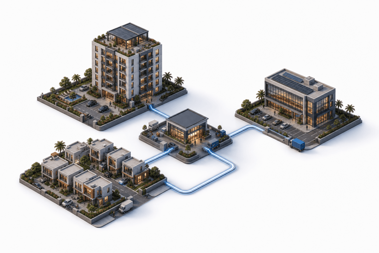 Separate residential, community and commercial client properties connected to one professional management operation.