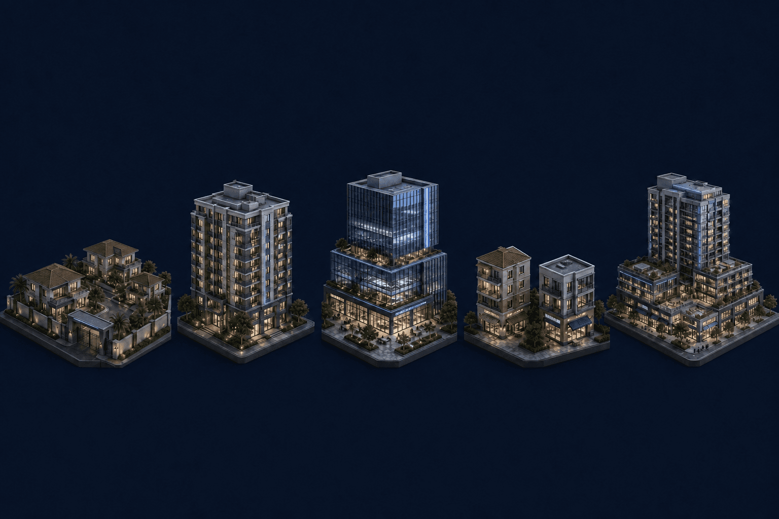 Five property types connected through the shared Mekaana operating layer.