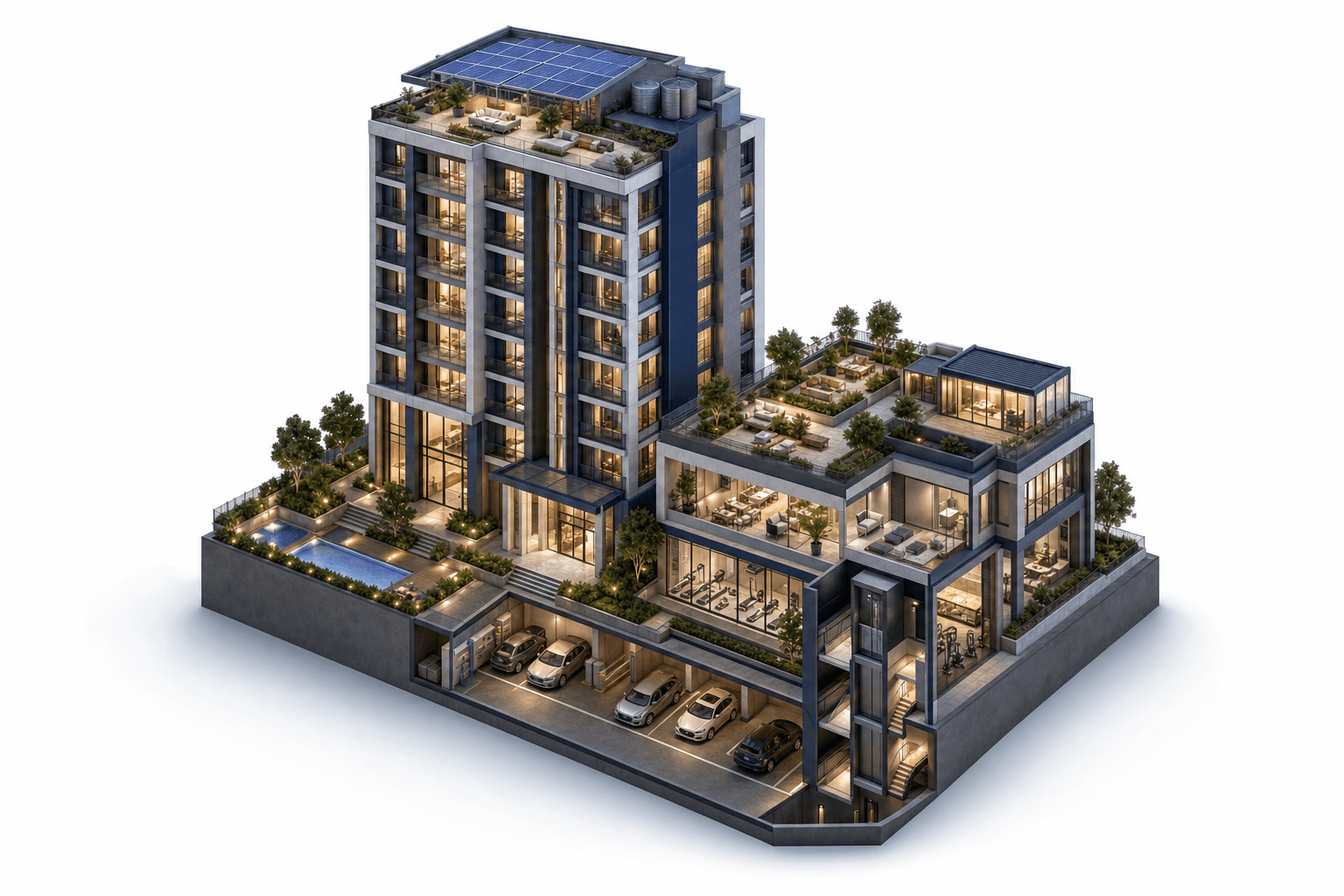 An isometric residential building model connecting apartments, shared facilities, parking and operating assets.